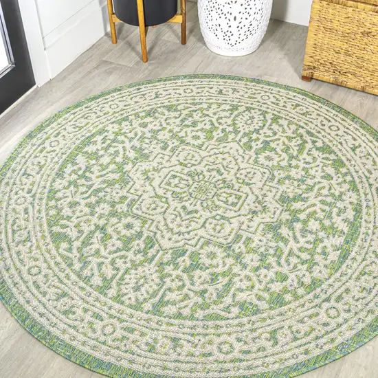 5' Cream And Green Round Medallion Indoor Outdoor Area Rug Photo 4