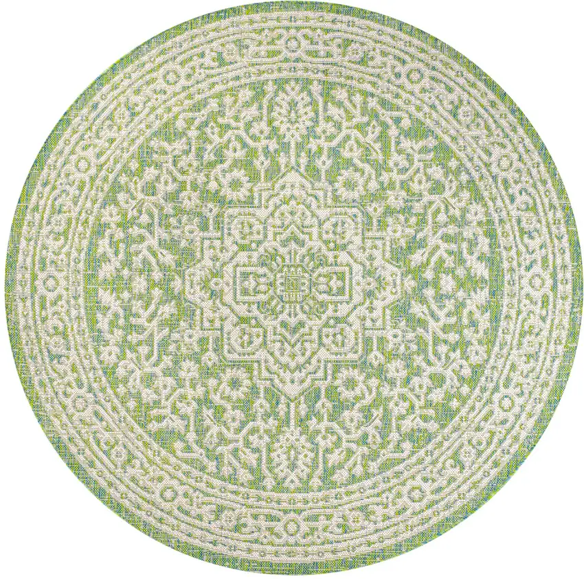 5' Cream And Green Round Medallion Indoor Outdoor Area Rug Photo 1