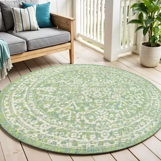 5' Cream And Green Round Medallion Indoor Outdoor Area Rug Photo 1