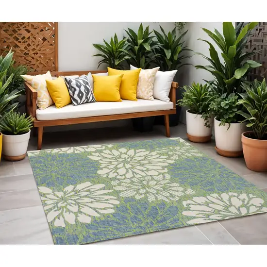 5' Cream And Green Square Floral Indoor Outdoor Area Rug Photo 1