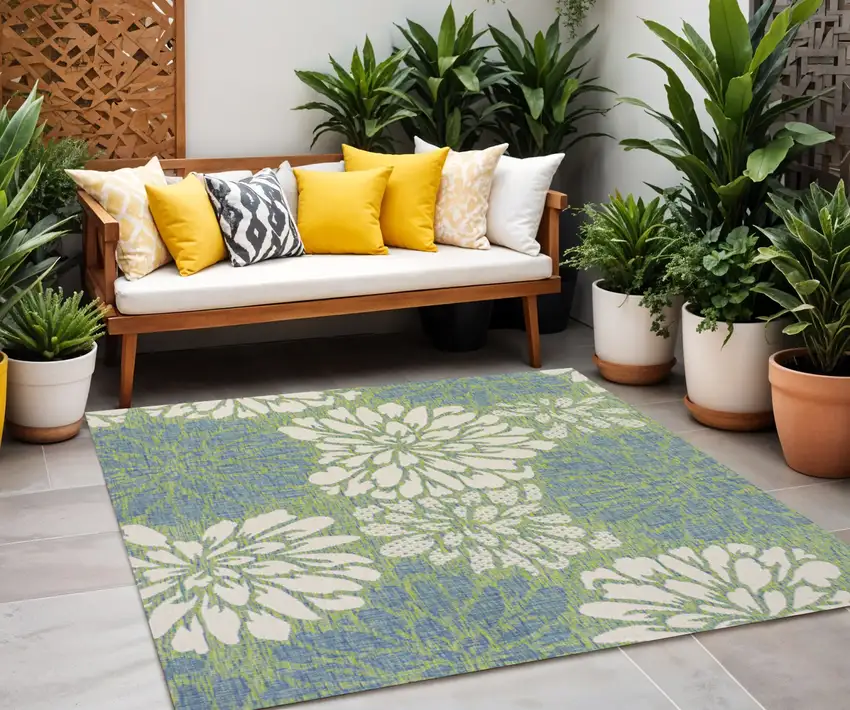 5' Cream And Green Square Floral Indoor Outdoor Area Rug Photo 1