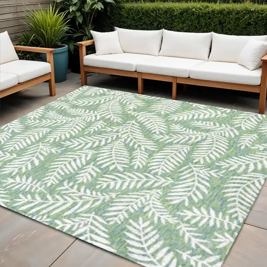 5' Cream And Green Square Floral Indoor Outdoor Area Rug Photo 1