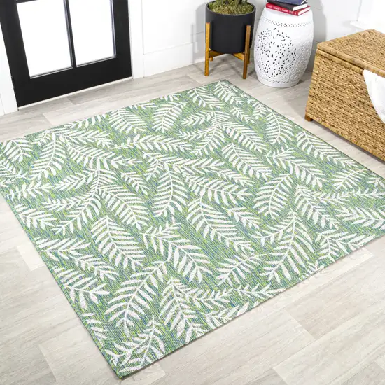 5' Cream And Green Square Floral Indoor Outdoor Area Rug Photo 4