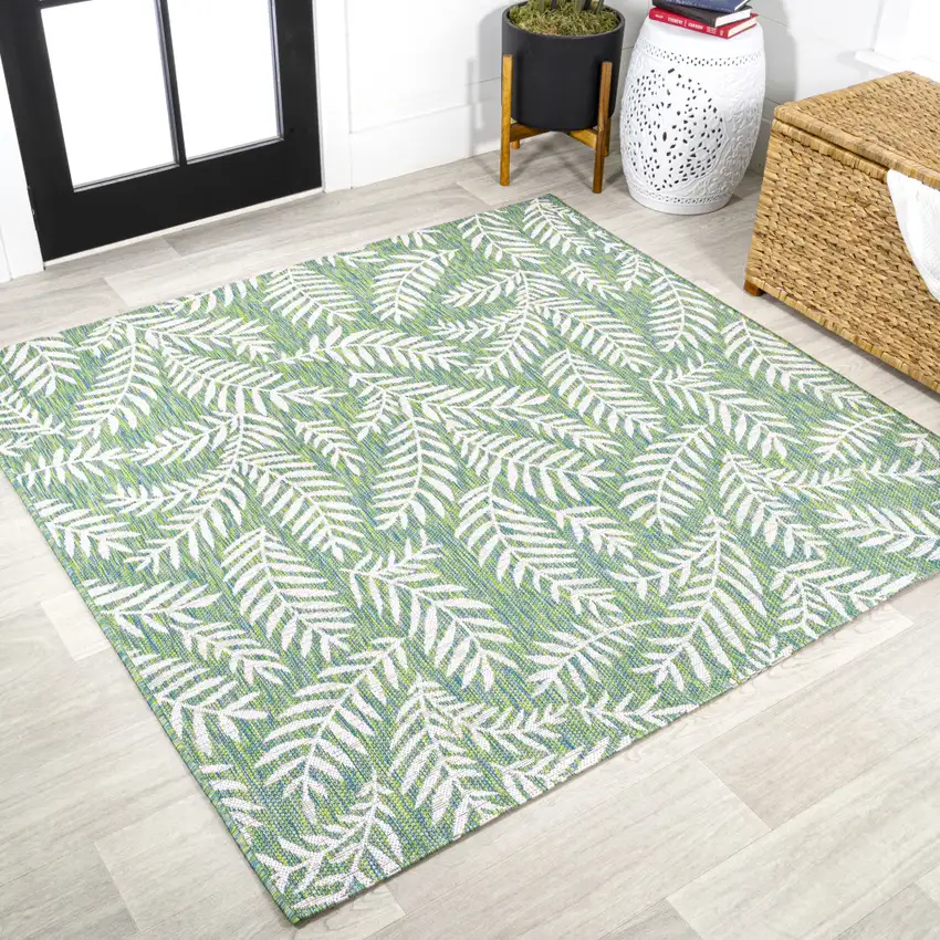 5' Cream And Green Square Floral Indoor Outdoor Area Rug Photo 4