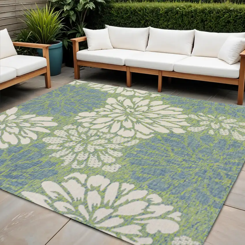 4' Cream And Green Square Floral Indoor Outdoor Area Rug Photo 1