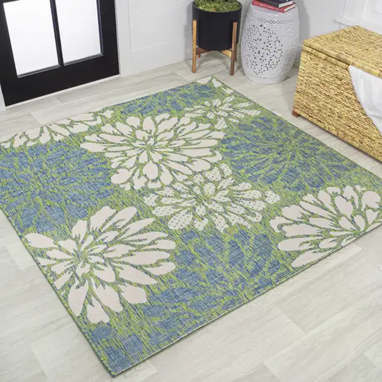 4' Cream And Green Square Floral Indoor Outdoor Area Rug Photo 4