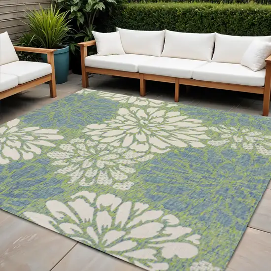 9' Cream And Green Square Floral Indoor Outdoor Area Rug Photo 1