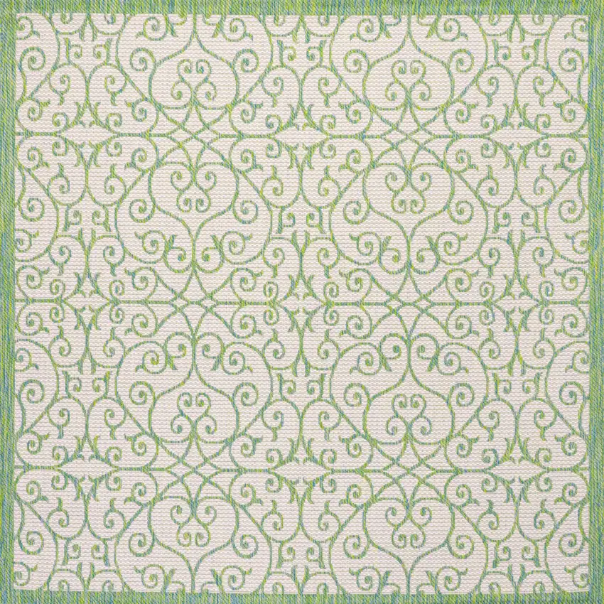 5' Cream And Green Square Geometric Indoor Outdoor Area Rug Photo 1
