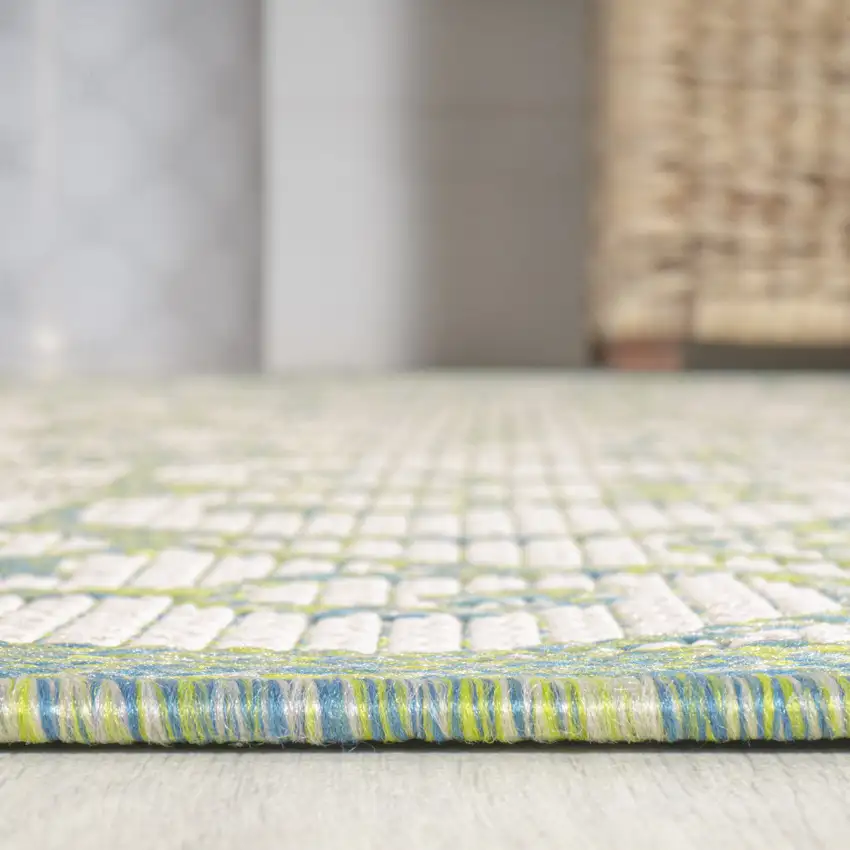 5' Cream And Green Square Geometric Indoor Outdoor Area Rug Photo 7