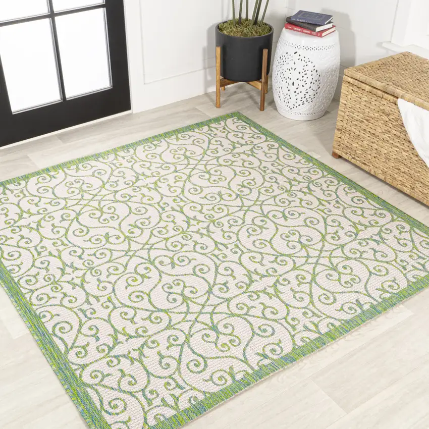 5' Cream And Green Square Geometric Indoor Outdoor Area Rug Photo 4