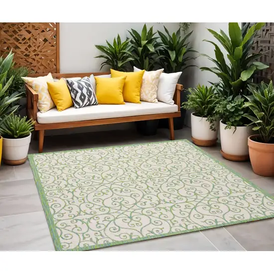 5' Cream And Green Square Geometric Indoor Outdoor Area Rug Photo 1