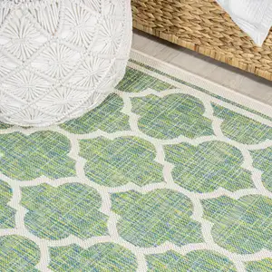 Photo of 5' Cream And Green Square Geometric Indoor Outdoor Area Rug