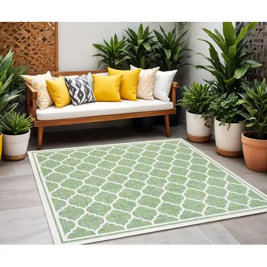 5' Cream And Green Square Geometric Indoor Outdoor Area Rug Photo 1