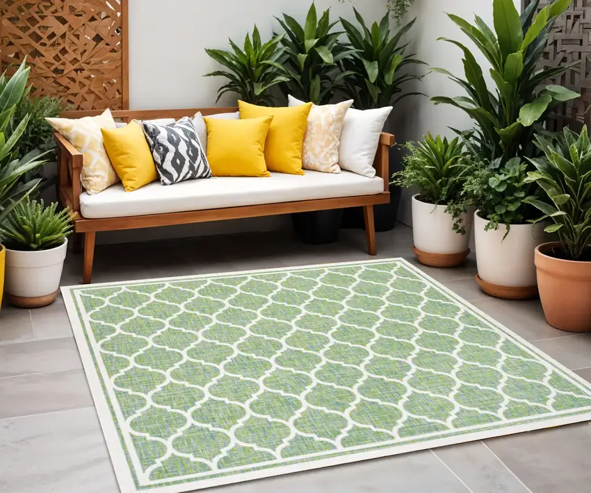 5' Cream And Green Square Geometric Indoor Outdoor Area Rug Photo 1