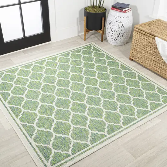5' Cream And Green Square Geometric Indoor Outdoor Area Rug Photo 4