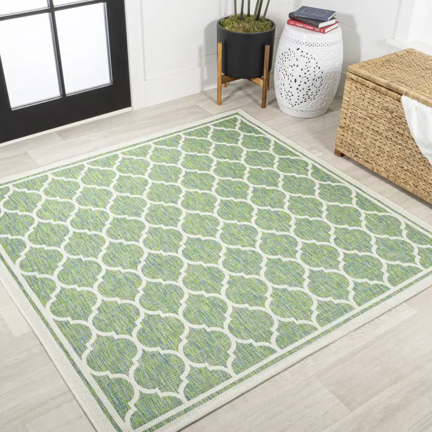 5' Cream And Green Square Geometric Indoor Outdoor Area Rug Photo 4