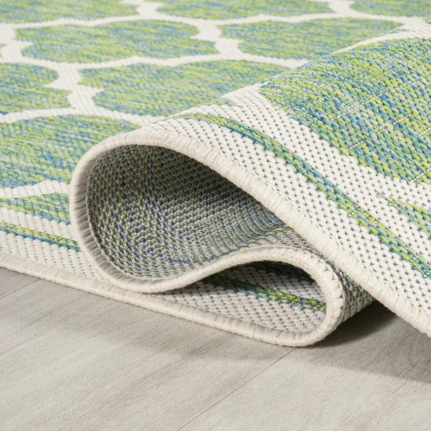 5' Cream And Green Square Geometric Indoor Outdoor Area Rug Photo 9