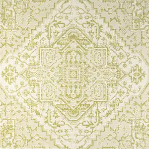 Photo of 5' Cream And Green Square Medallion Indoor Outdoor Area Rug