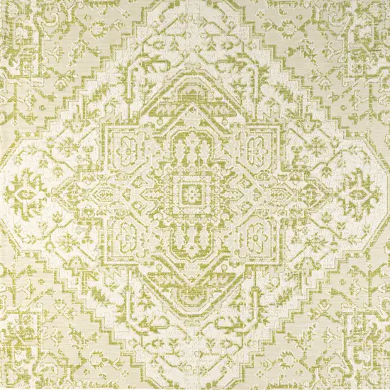 5' Cream And Green Square Medallion Indoor Outdoor Area Rug Photo 1