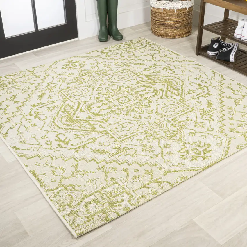 5' Cream And Green Square Medallion Indoor Outdoor Area Rug Photo 4