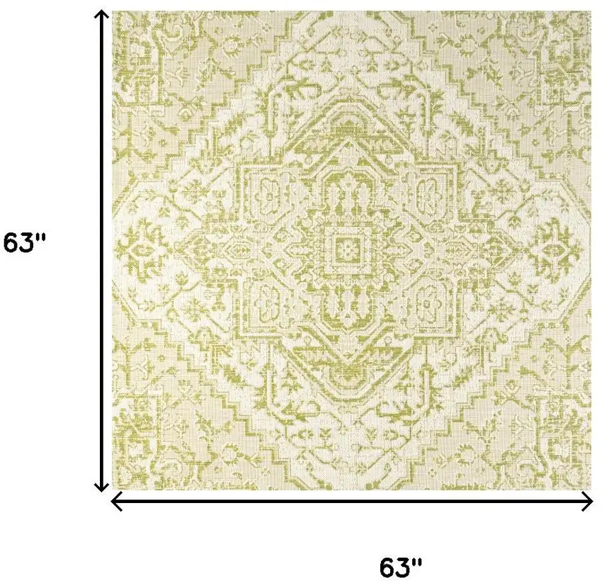 5' Cream And Green Square Medallion Indoor Outdoor Area Rug Photo 9