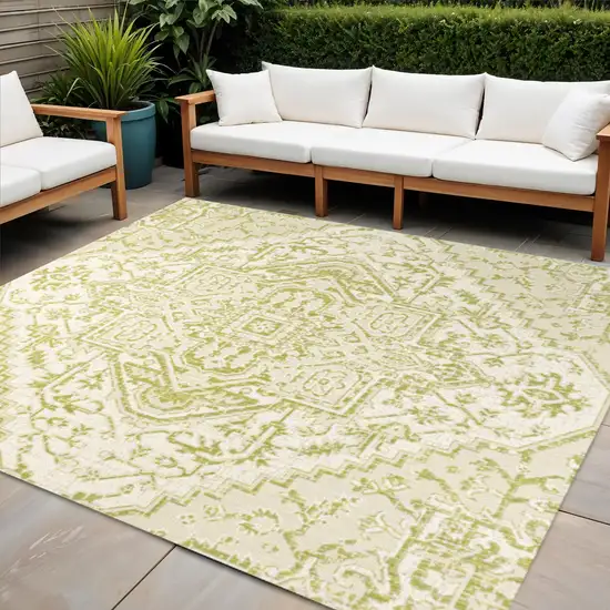 5' Cream And Green Square Medallion Indoor Outdoor Area Rug Photo 1