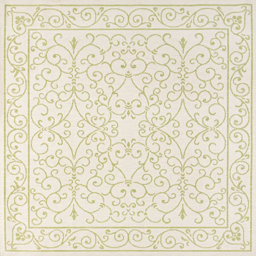 5' Cream And Green Square Medallion Indoor Outdoor Area Rug Photo 1
