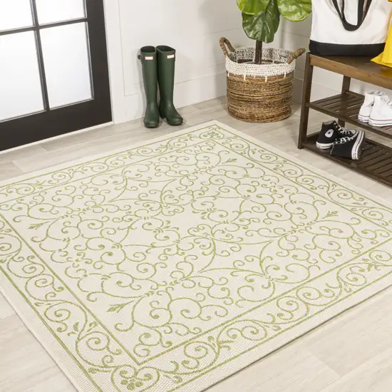 5' Cream And Green Square Medallion Indoor Outdoor Area Rug Photo 3