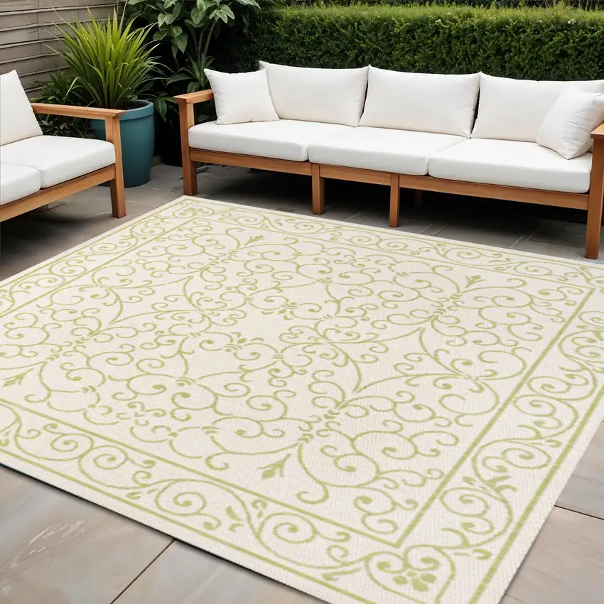 5' Cream And Green Square Medallion Indoor Outdoor Area Rug Photo 1