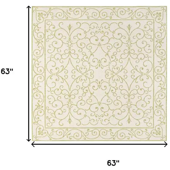 5' Cream And Green Square Medallion Indoor Outdoor Area Rug Photo 9