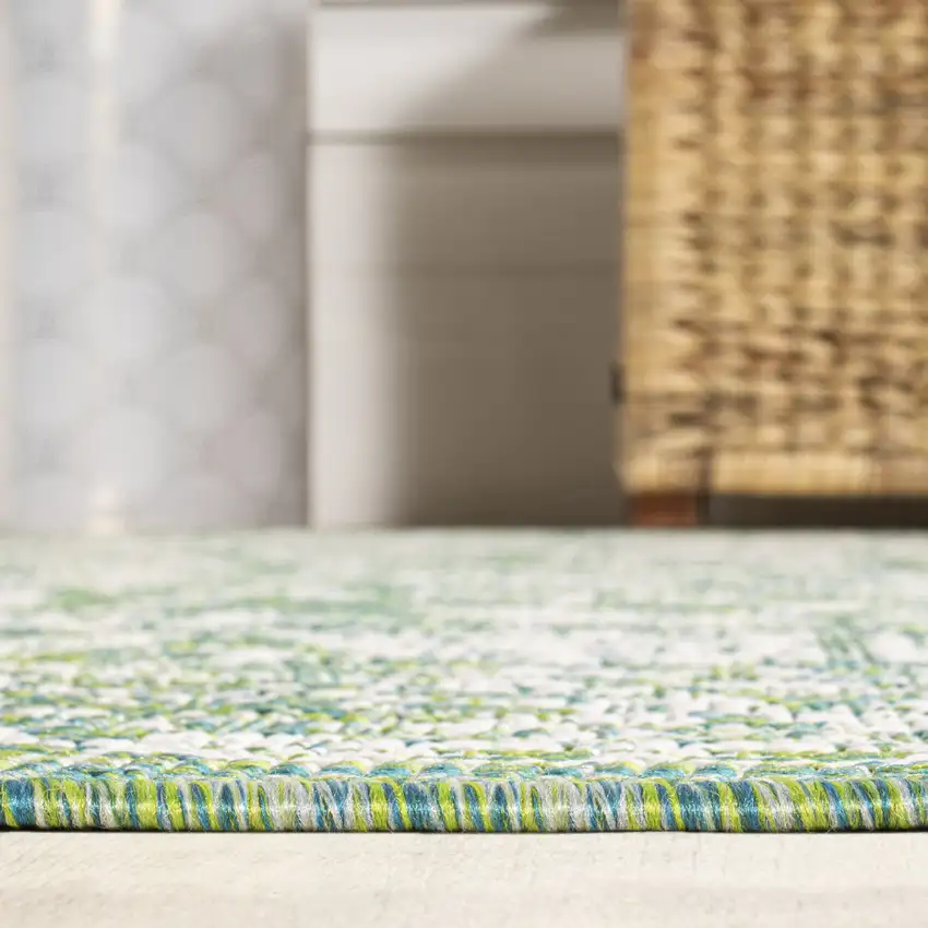 5' Cream And Green Square Medallion Indoor Outdoor Area Rug Photo 7