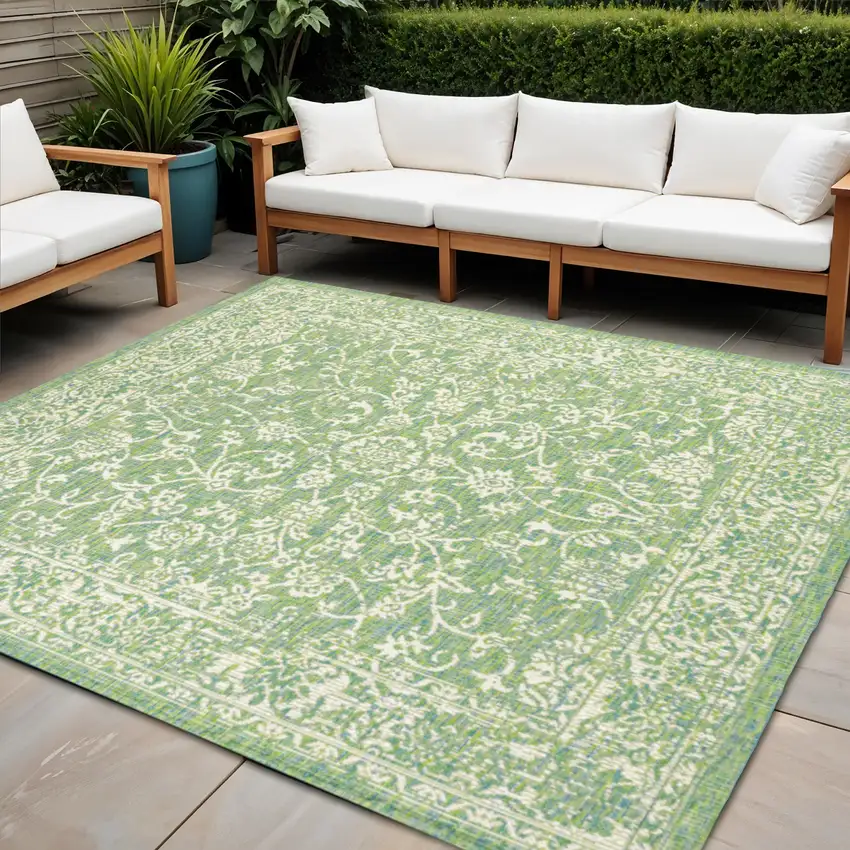 5' Cream And Green Square Medallion Indoor Outdoor Area Rug Photo 1