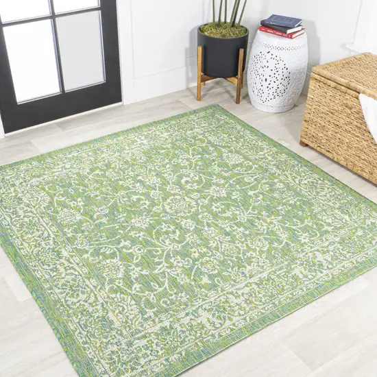 5' Cream And Green Square Medallion Indoor Outdoor Area Rug Photo 4