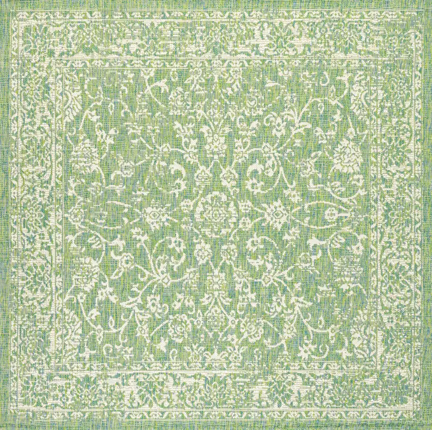 5' Cream And Green Square Medallion Indoor Outdoor Area Rug Photo 1