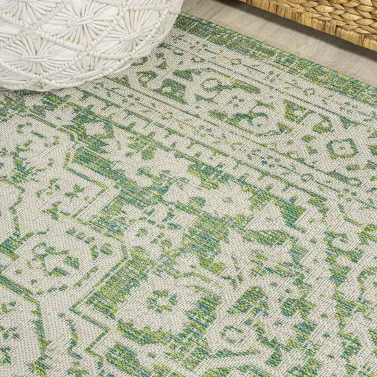 5' Cream And Green Square Medallion Indoor Outdoor Area Rug Photo 8