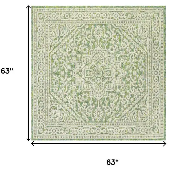 5' Cream And Green Square Medallion Indoor Outdoor Area Rug Photo 9