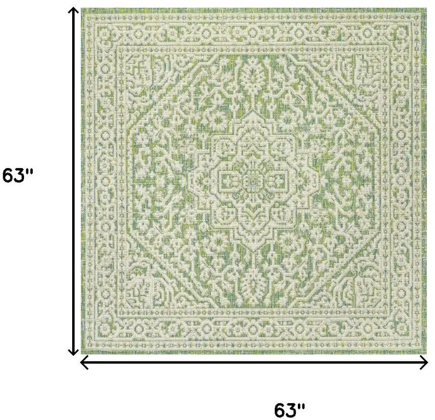 5' Cream And Green Square Medallion Indoor Outdoor Area Rug Photo 9