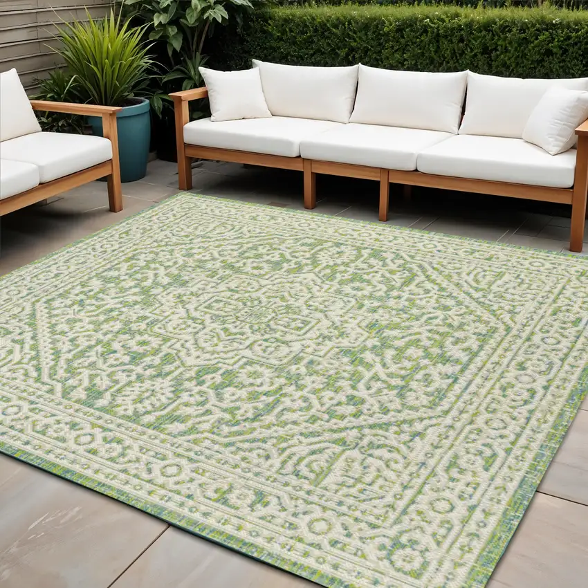 5' Cream And Green Square Medallion Indoor Outdoor Area Rug Photo 1