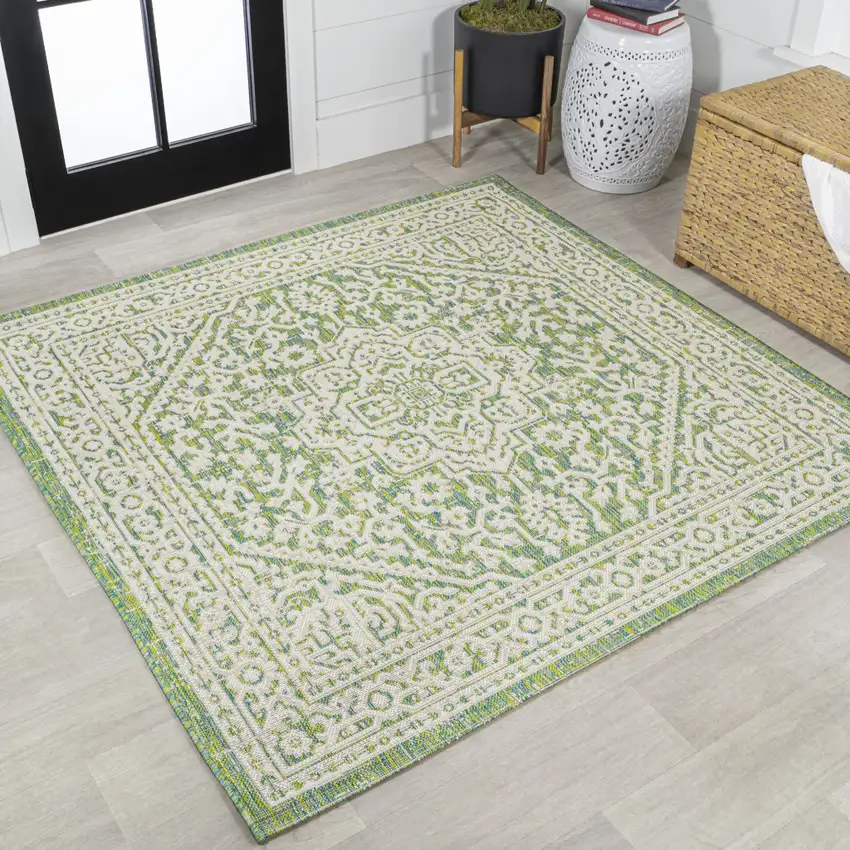 5' Cream And Green Square Medallion Indoor Outdoor Area Rug Photo 4