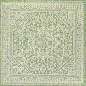 Photo of 5' Cream And Green Square Medallion Indoor Outdoor Area Rug