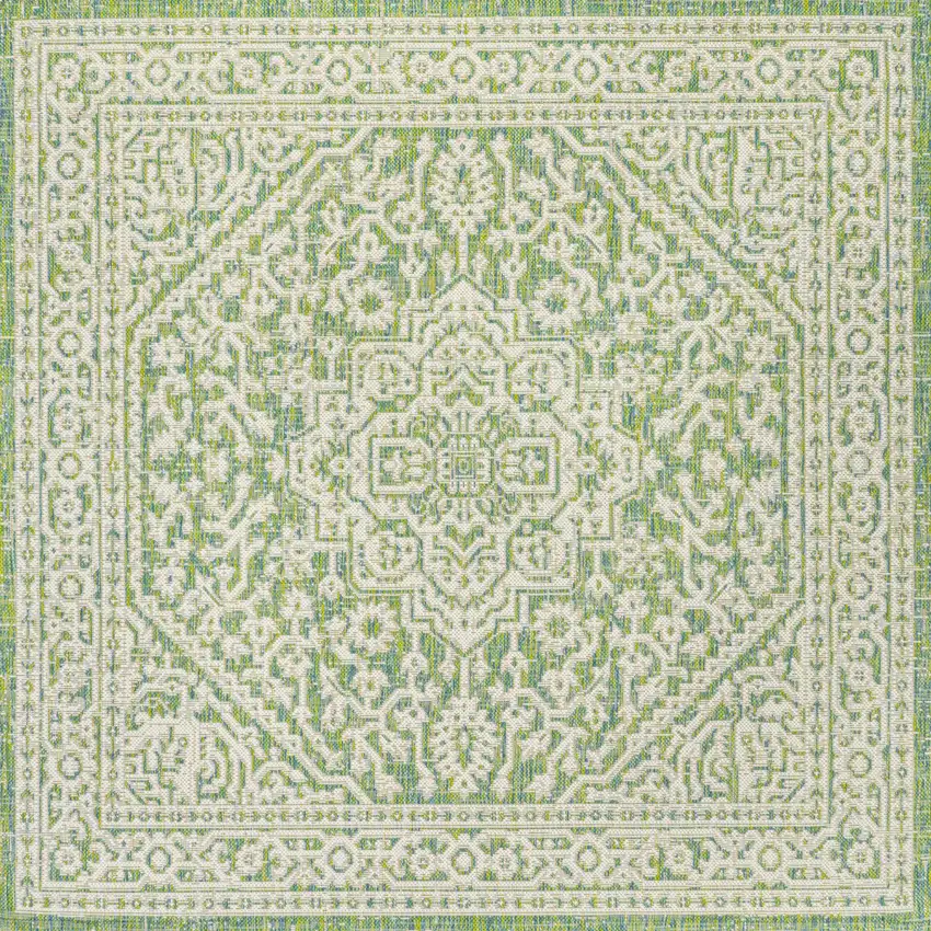 5' Cream And Green Square Medallion Indoor Outdoor Area Rug Photo 1