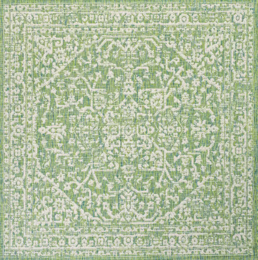 5' Cream And Green Square Medallion Indoor Outdoor Area Rug Photo 1