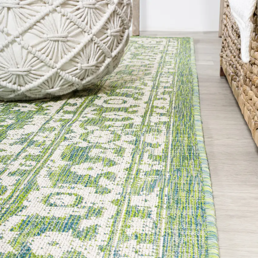 5' Cream And Green Square Medallion Indoor Outdoor Area Rug Photo 5