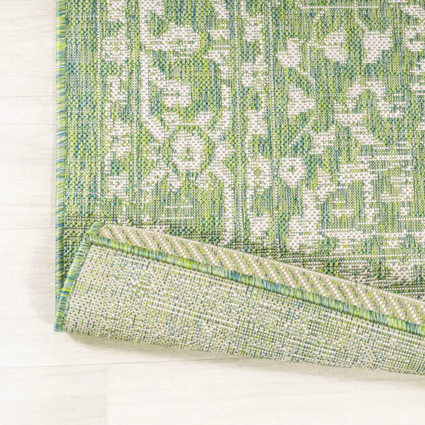 5' Cream And Green Square Medallion Indoor Outdoor Area Rug Photo 6