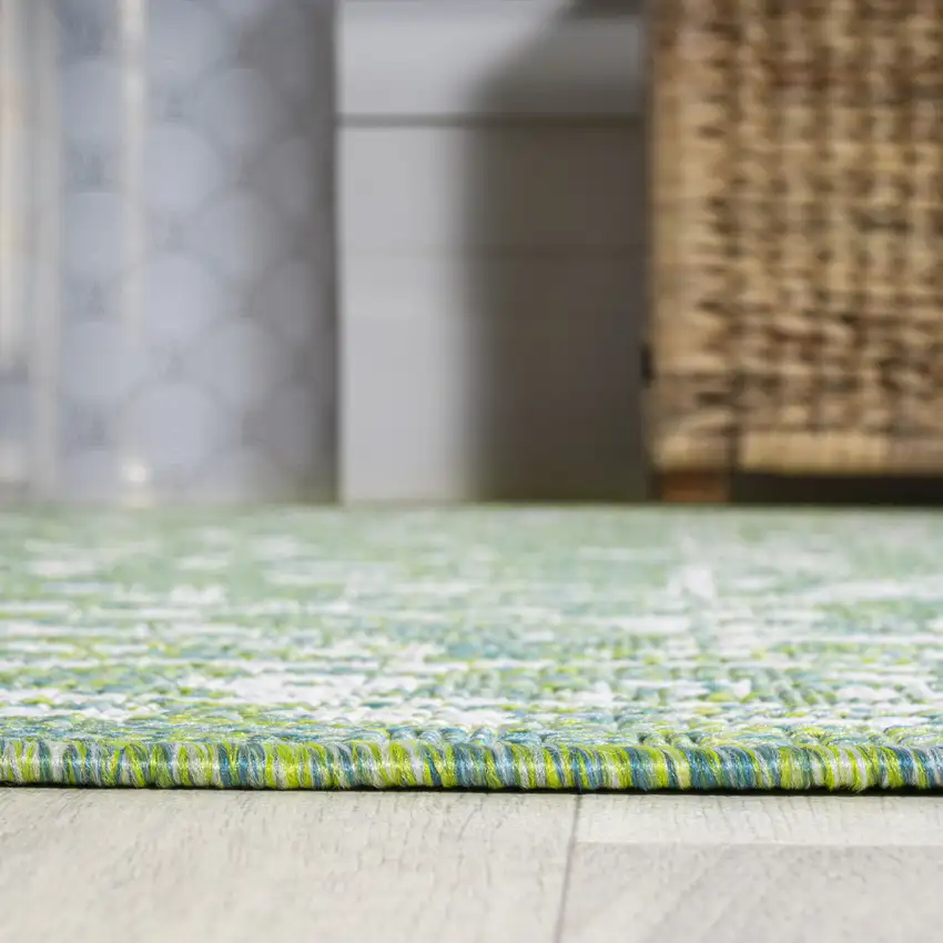 5' Cream And Green Square Medallion Indoor Outdoor Area Rug Photo 7