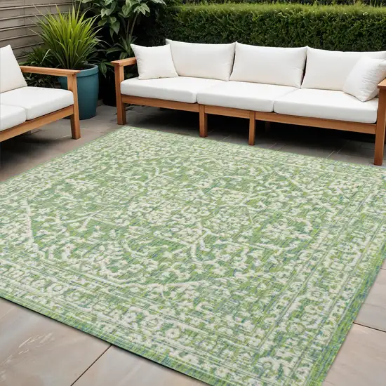 5' Cream And Green Square Medallion Indoor Outdoor Area Rug Photo 1