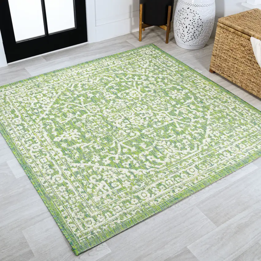 5' Cream And Green Square Medallion Indoor Outdoor Area Rug Photo 4