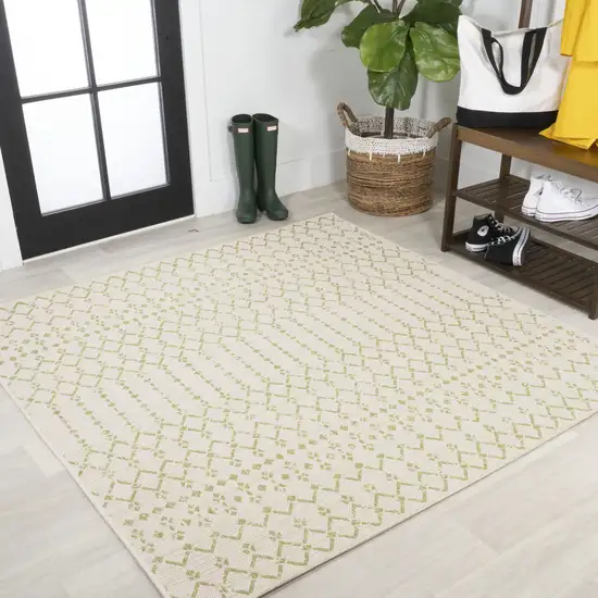 5' Cream And Green Square Trellis Indoor Outdoor Area Rug Photo 4