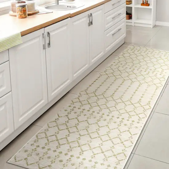 10' Cream And Green Trellis Indoor Outdoor Runner Rug Photo 6