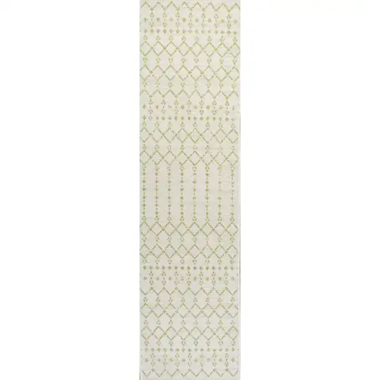 8' Cream And Green Trellis Indoor Outdoor Runner Rug Photo 1